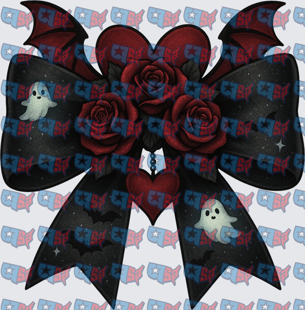 Gothic Halloween Bow With Roses Ghosts And Bats (DTF)