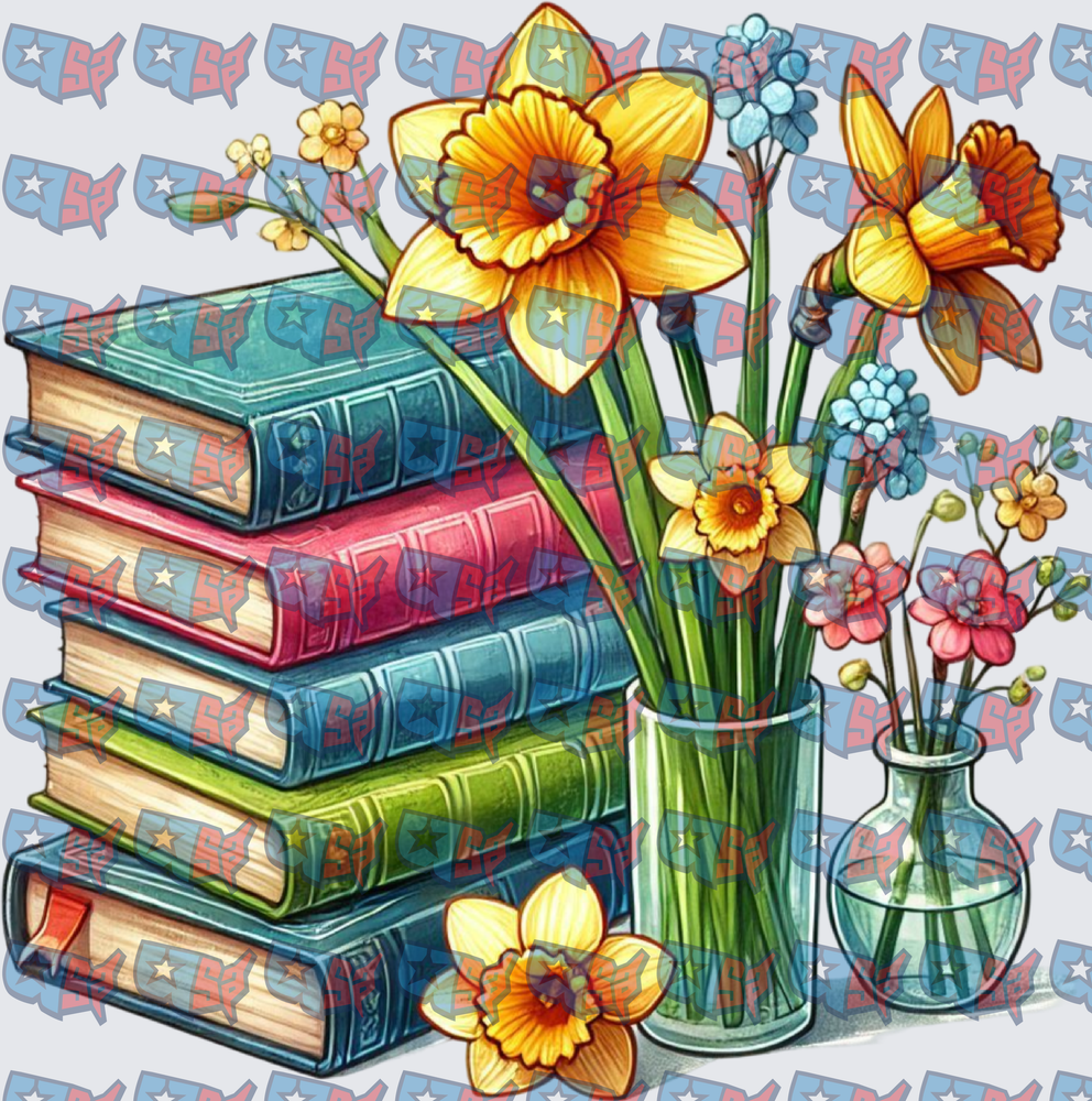 Stacked Books With Daffodils In Glass Vases (DTF)
