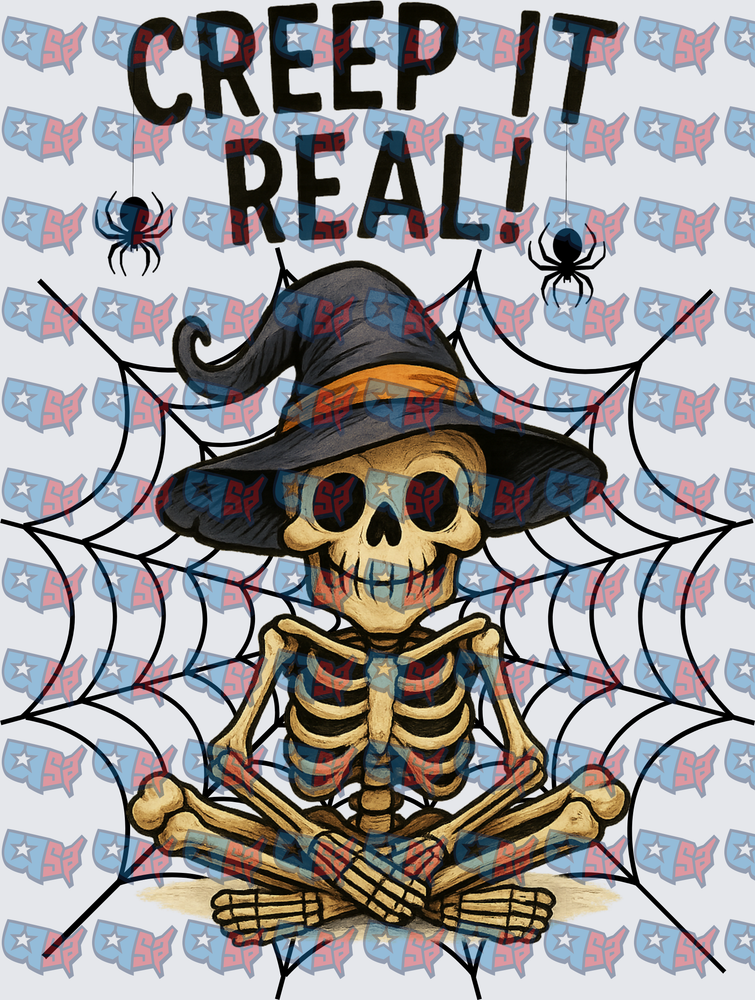 Creep It Real Skeleton Witch Hat Spider Web Halloween (DTF)