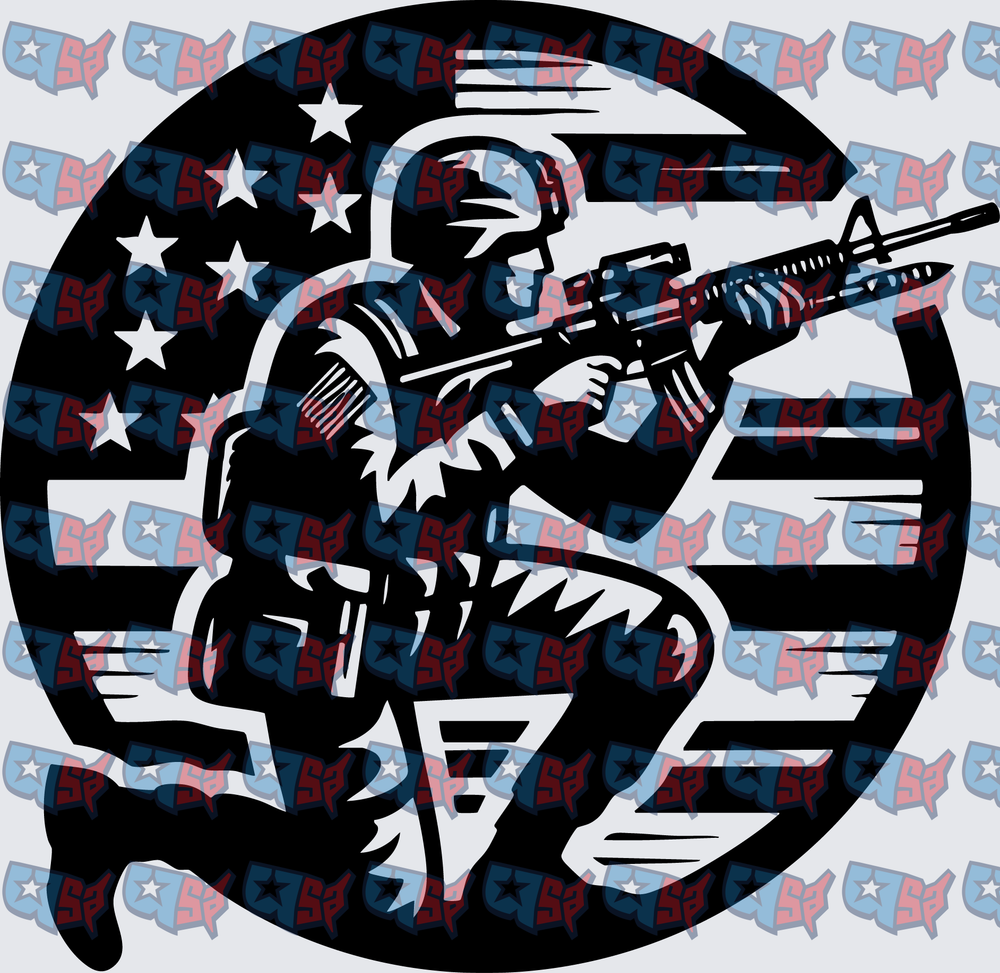 Kneeling US Soldier Aiming Rifle American Flag Circle (DTF)