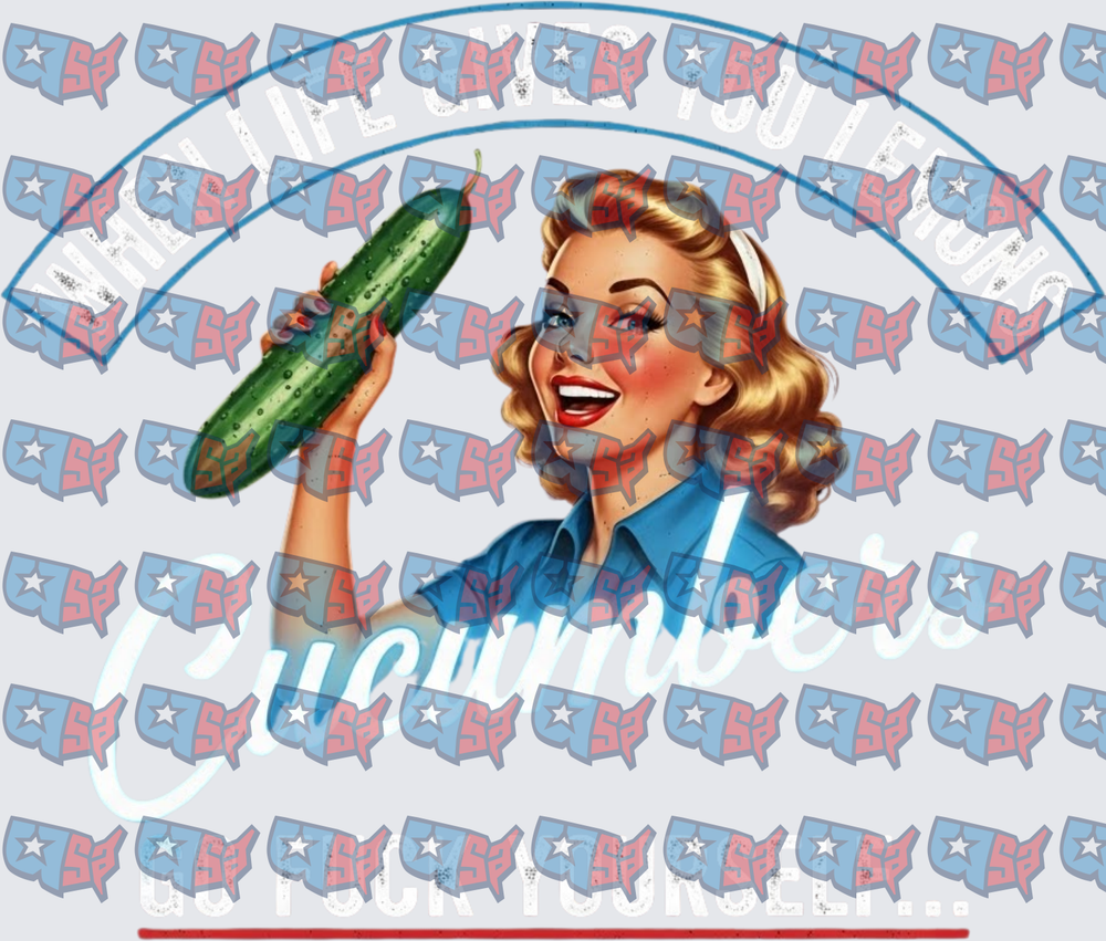 Retro Pin-Up Girl Holding Cucumber Funny Saying (DTF)