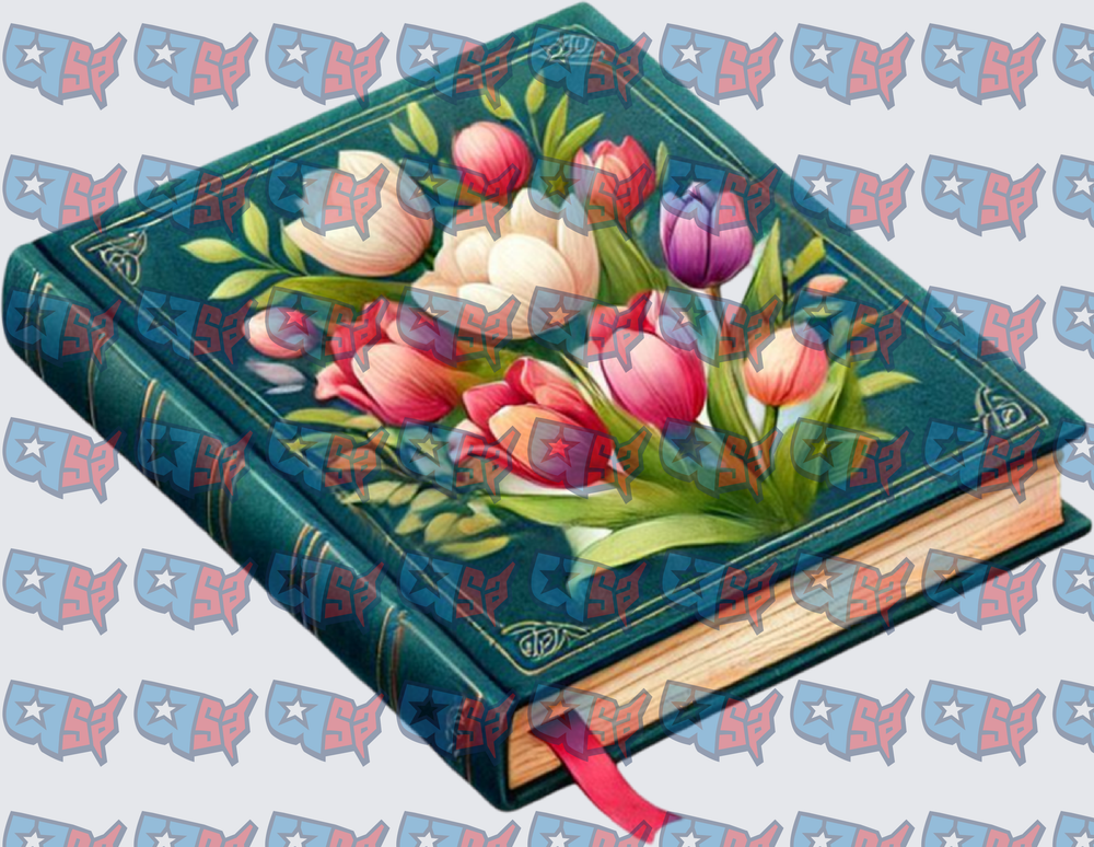 Teal Hardcover Book With Colorful Tulip Bouquet (DTF)