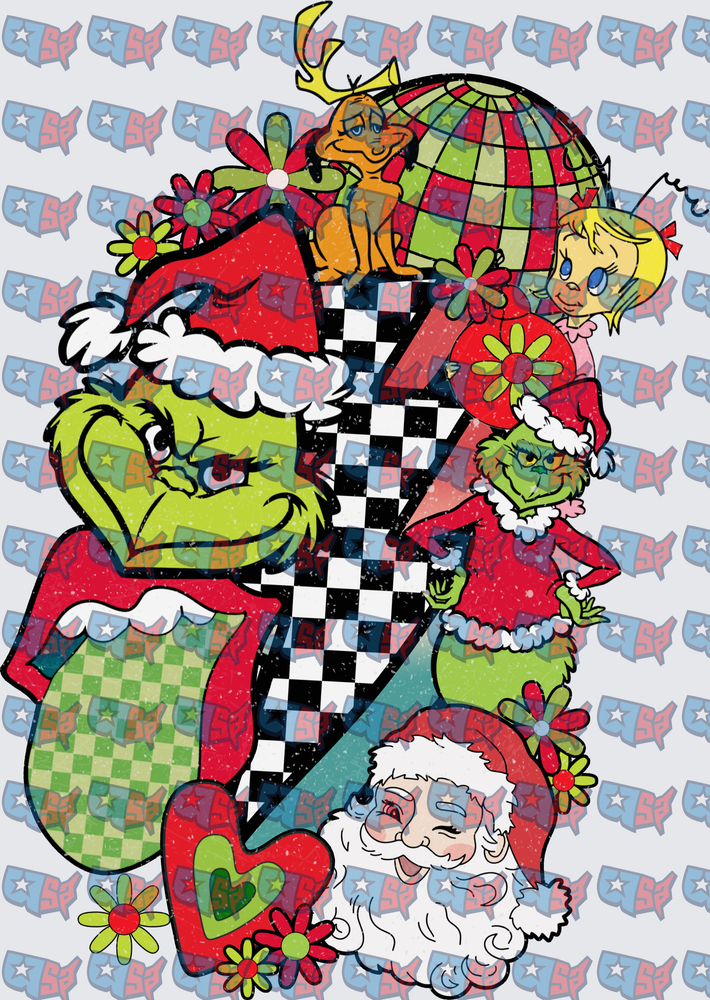 Grinch Christmas Characters Checkered Lightning Bolt Collage (DTF)