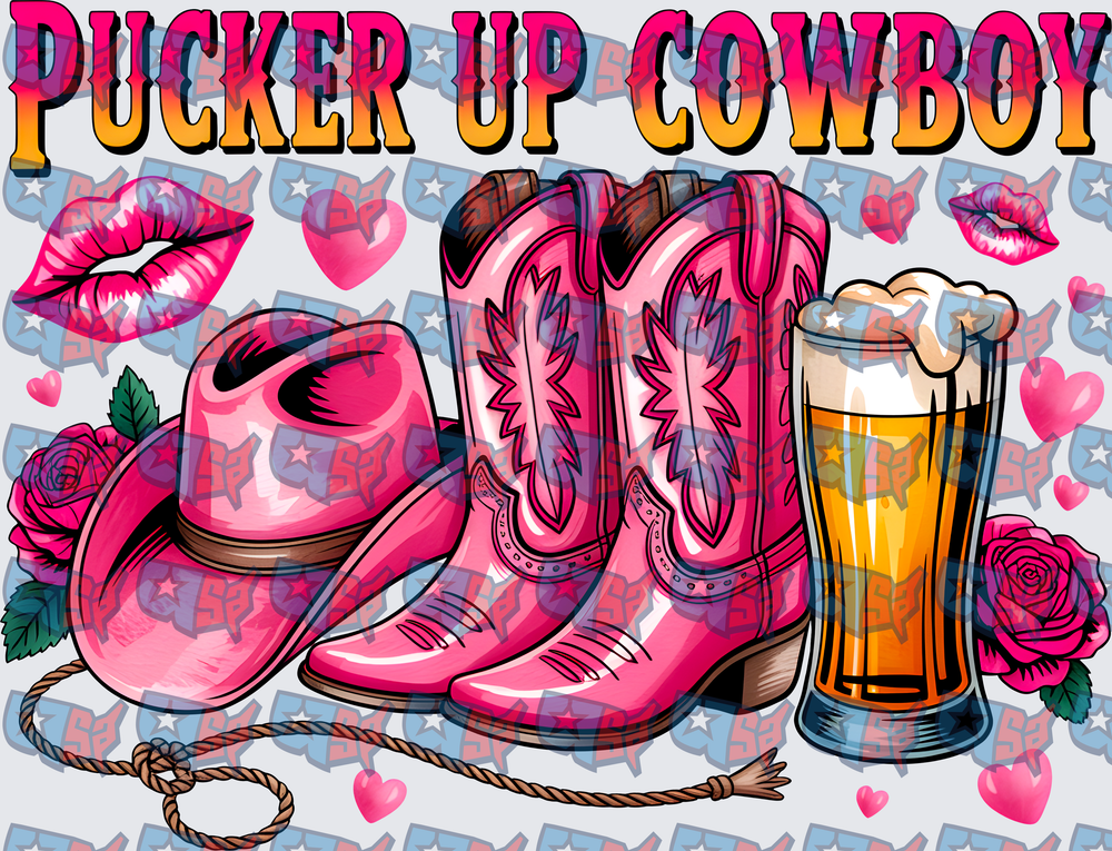 Pucker Up Cowboy Pink Boots Hat Beer Roses (DTF)