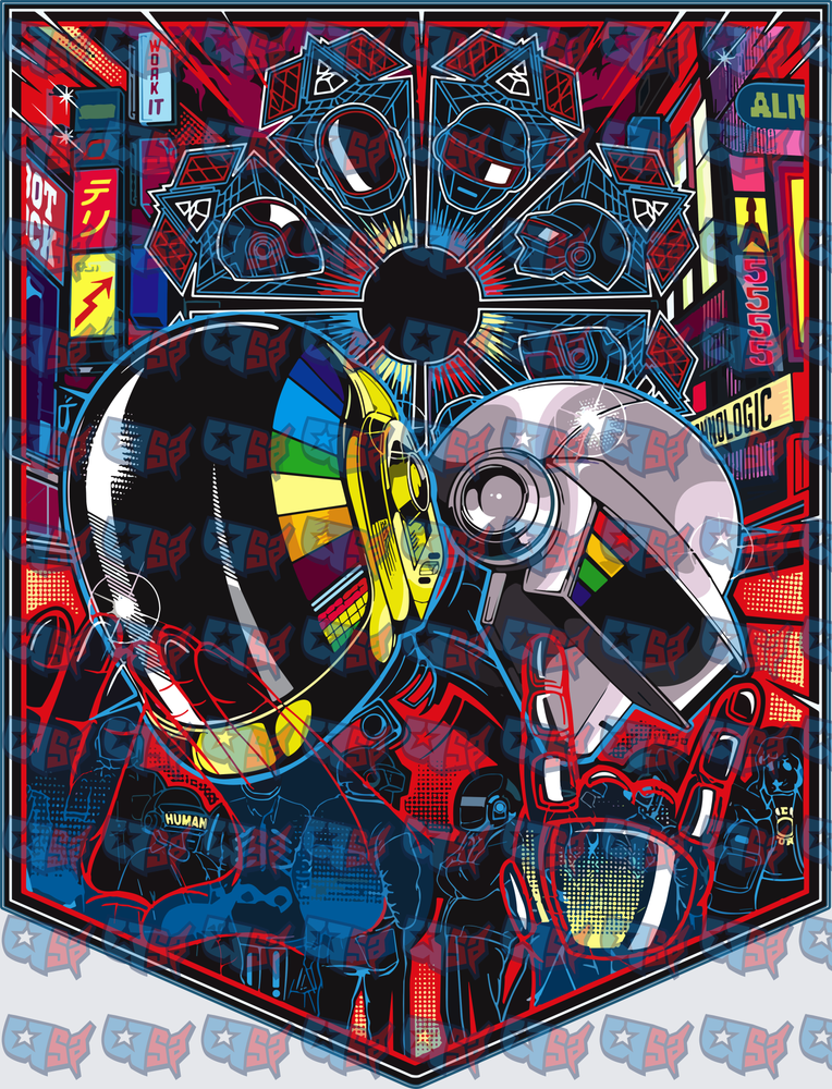 Robotic DJ Duo Helmets Neon City Pop Art (DTF)