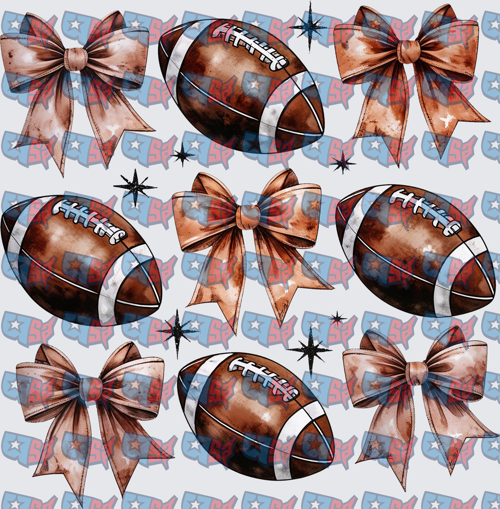 Watercolor Footballs and Coquette Bows Pattern (DTF)