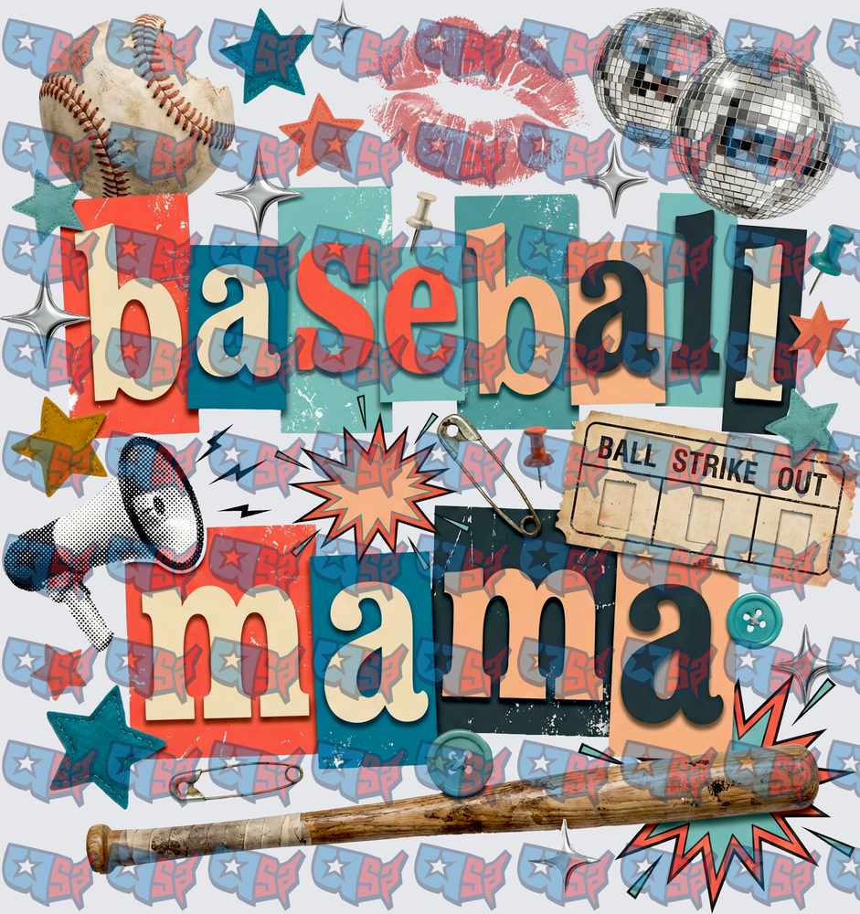 Baseball Mama Retro Collage with Disco Ball and Bat (DTF)