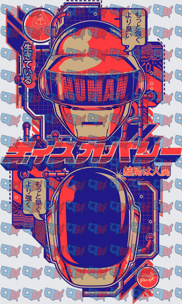 Retro Robot Duo Japanese Cyberpunk Helmet Graphic (DTF)