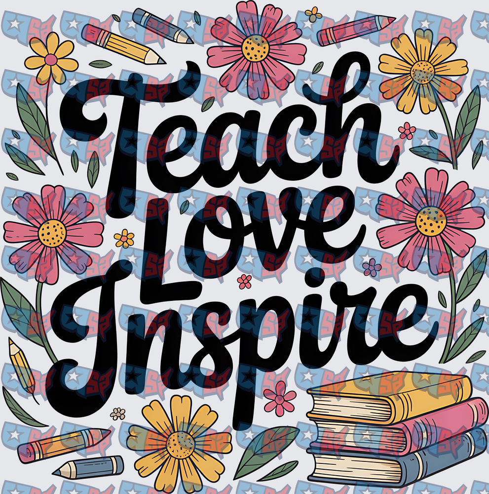 Teach Love Inspire Floral Books Pencils Teacher Design (DTF)