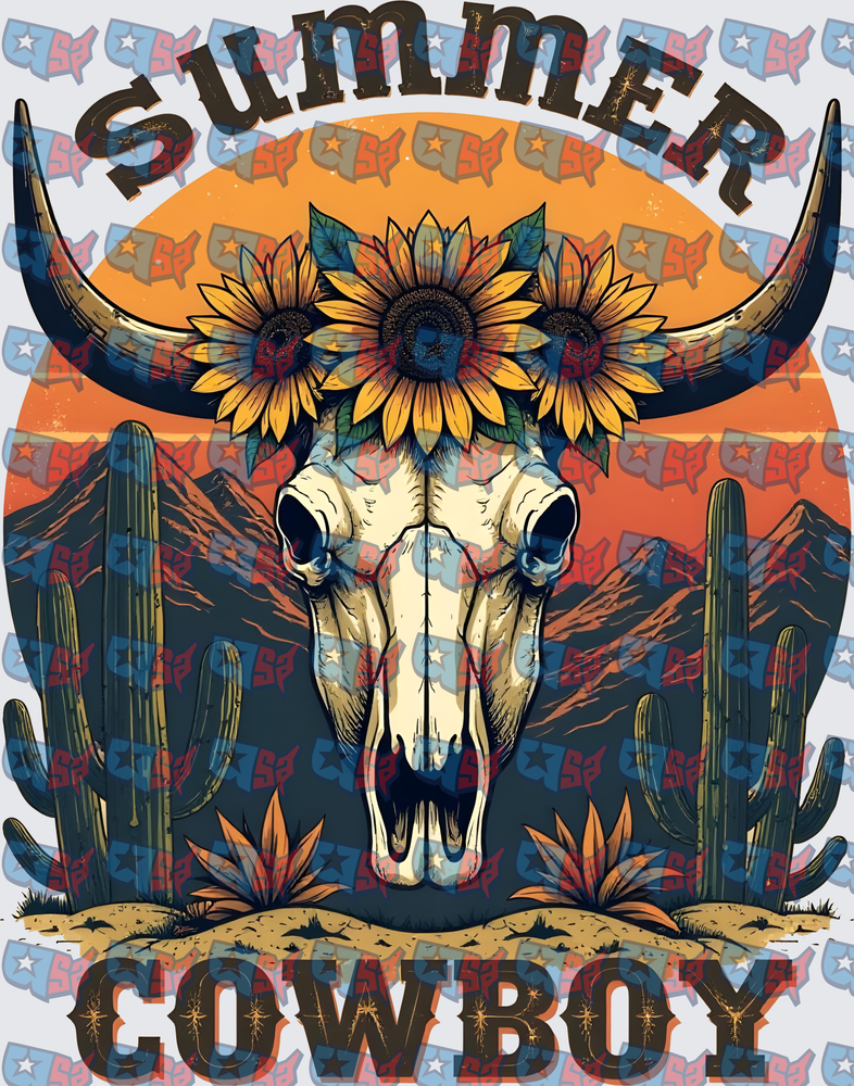 Summer Cowboy Bull Skull Sunflowers Desert Scene (DTF)