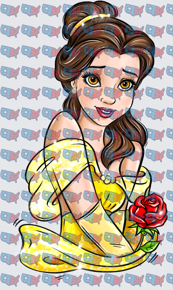 Brunette Princess Yellow Gown Holding Red Rose (DTF)