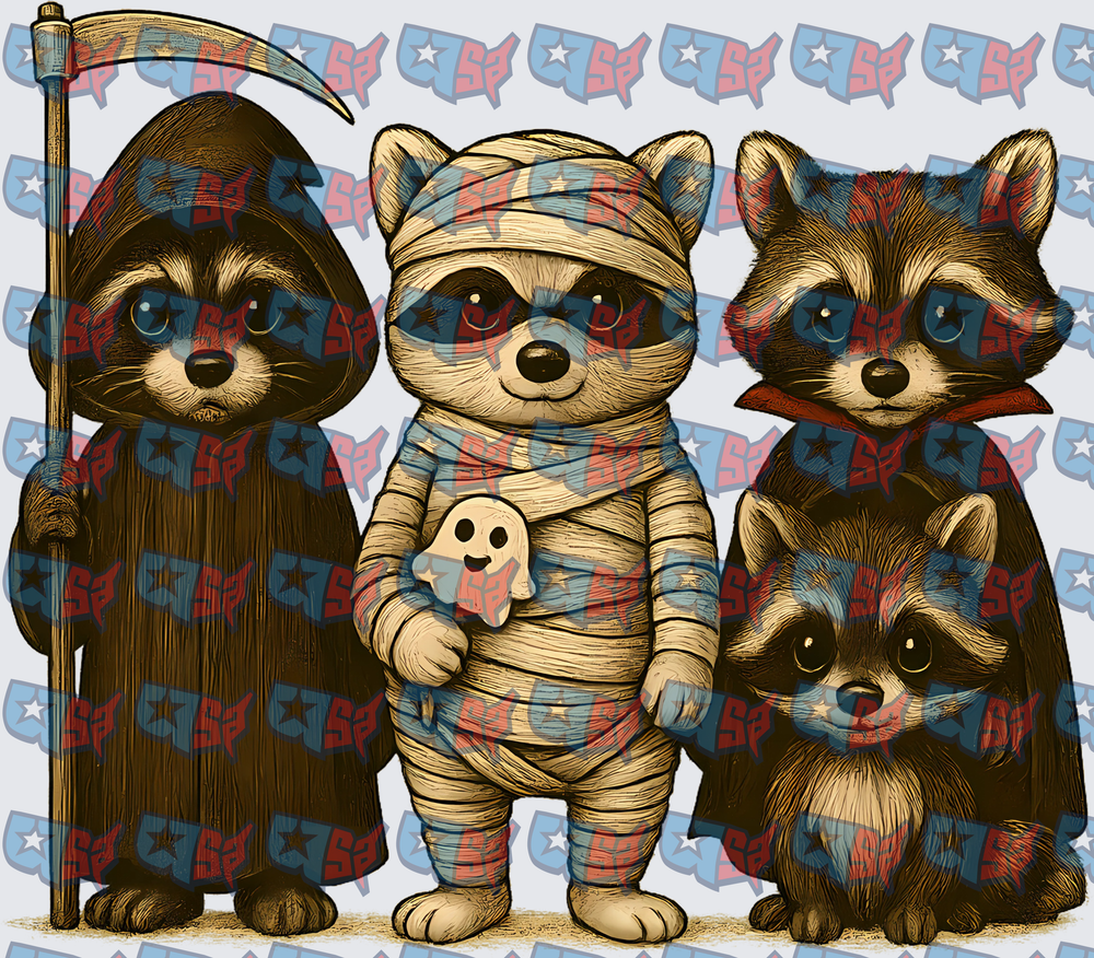 Halloween Raccoons In Costume Trio (DTF)