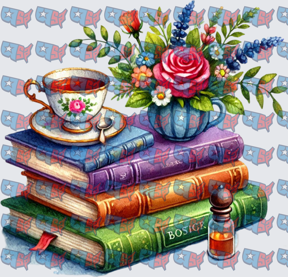 Stacked Books Teacup Floral Bouquet Watercolor (DTF)