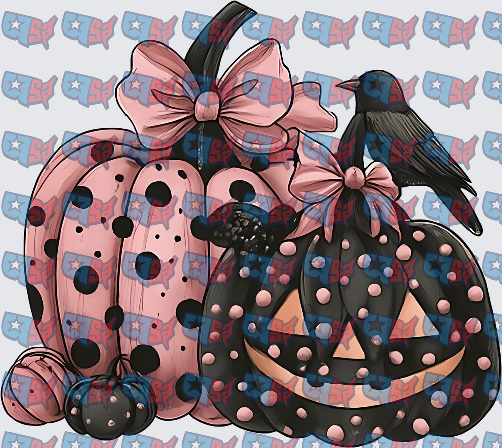 Pink Black Polka Dot Pumpkins Coquette Bow Crow Halloween (DTF)