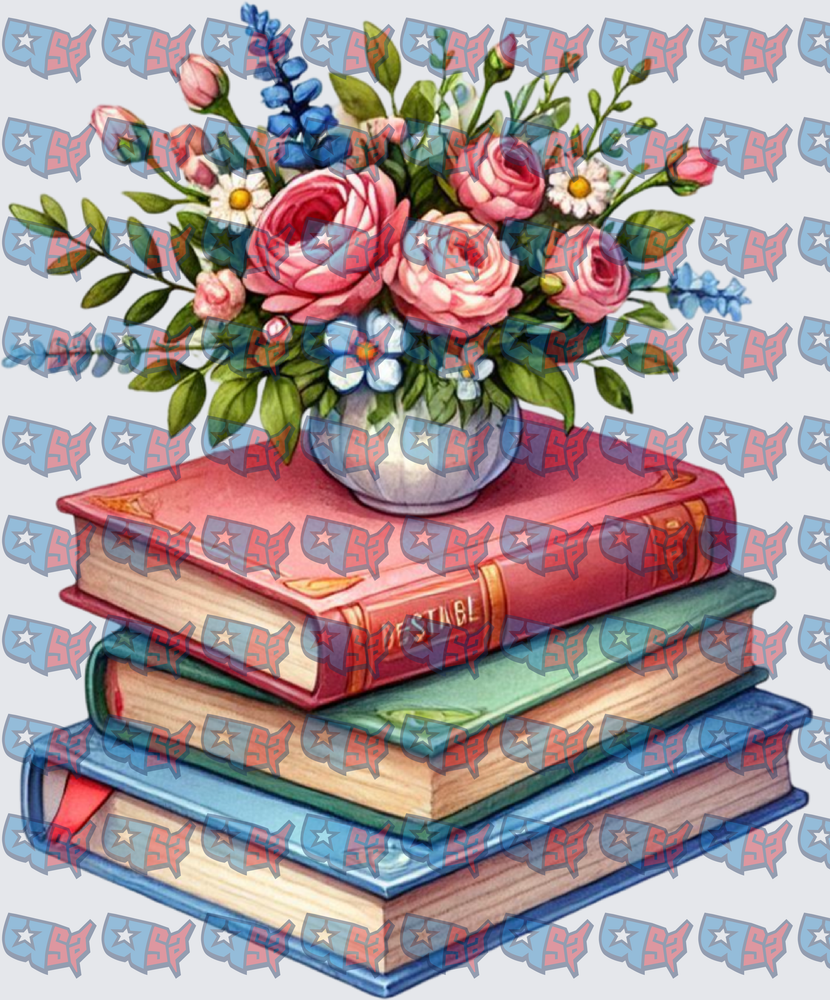 Floral Bouquet Vase Stacked Vintage Books (DTF)