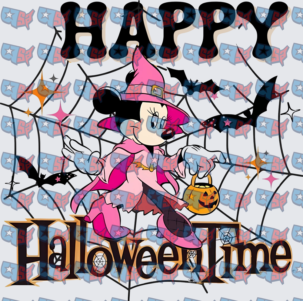 Happy Halloween Time Witch Mouse Pink Costume Spider Web (DTF)