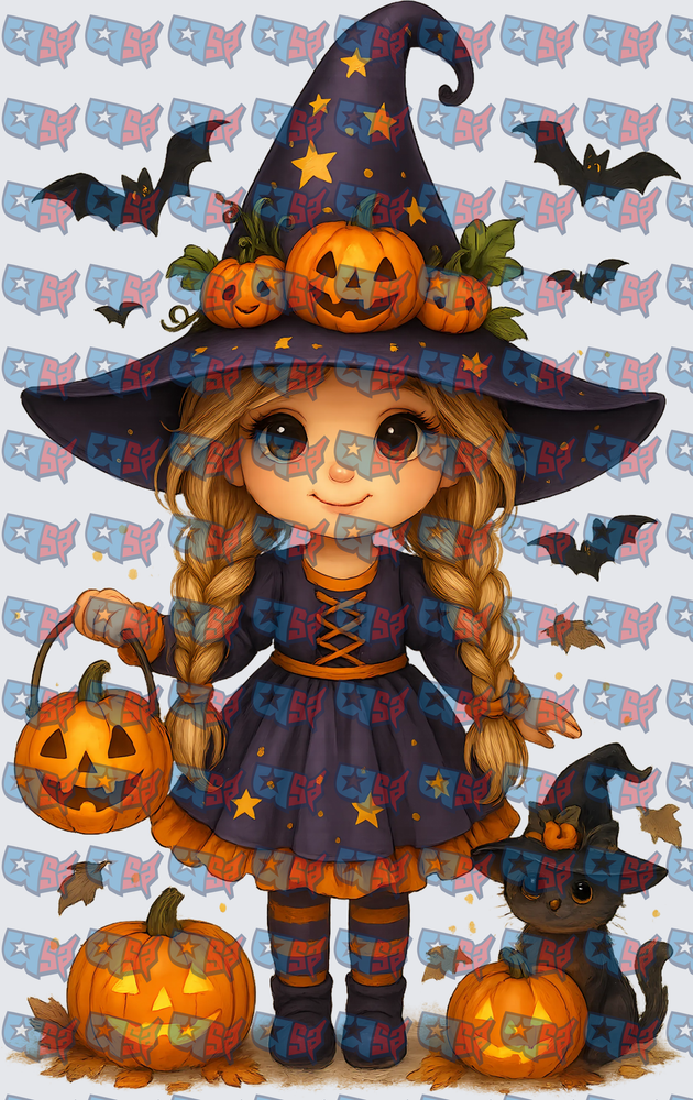 Cute Little Witch Girl with Jack-O-Lanterns and Black Cat (DTF)