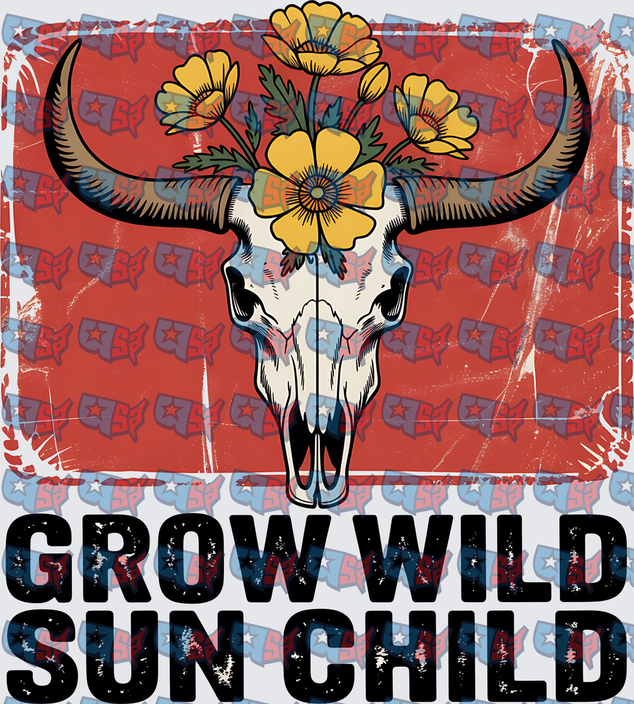 Grow Wild Sun Child Floral Bull Skull Western (DTF)