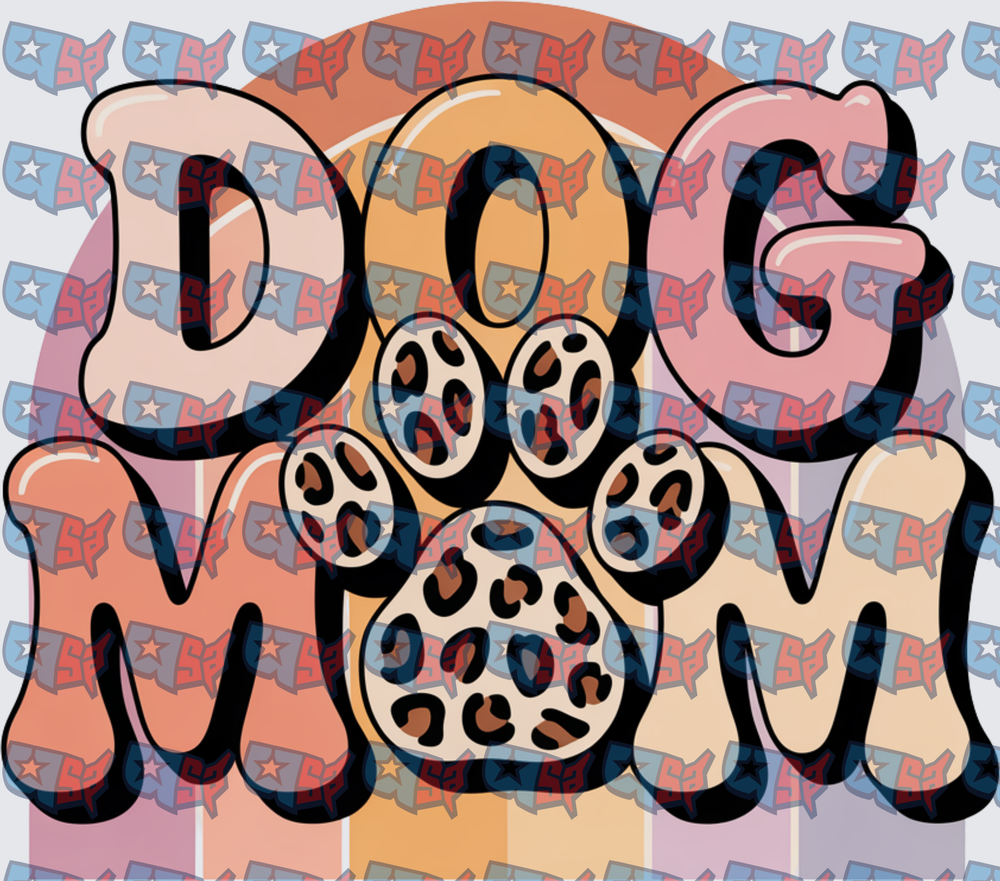 Dog Mom Retro Bubble Letters Leopard Paw Print (DTF)