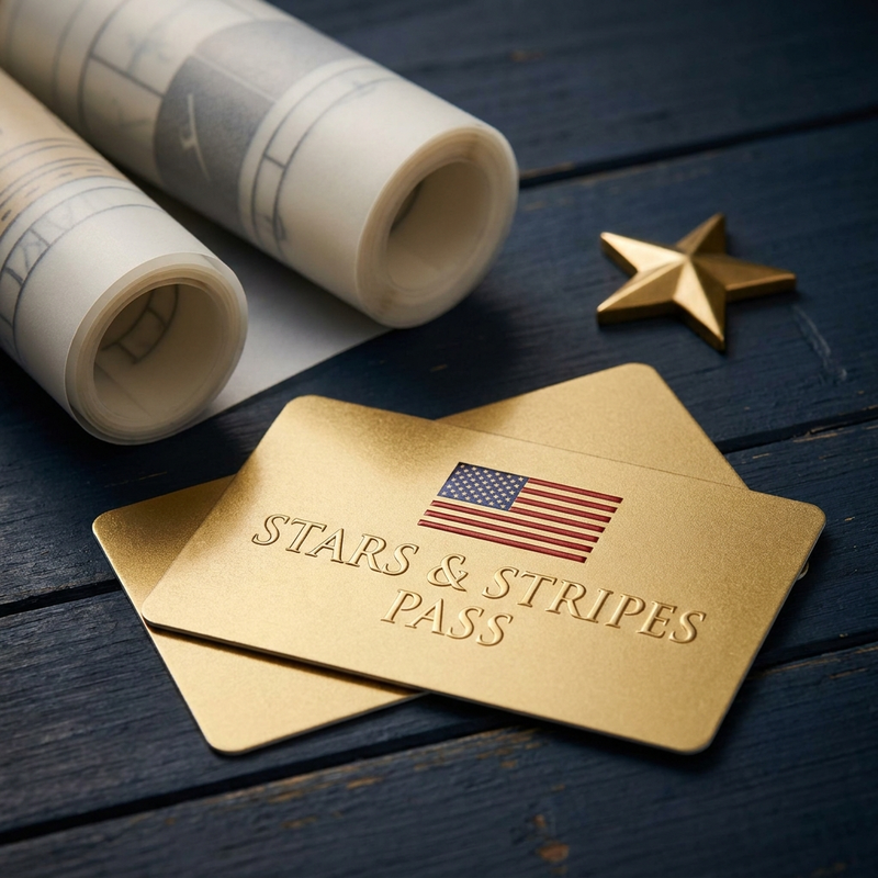 The Stars & Stripes Pass — gold membership card with American flag motif beside rolled DTF transfer film