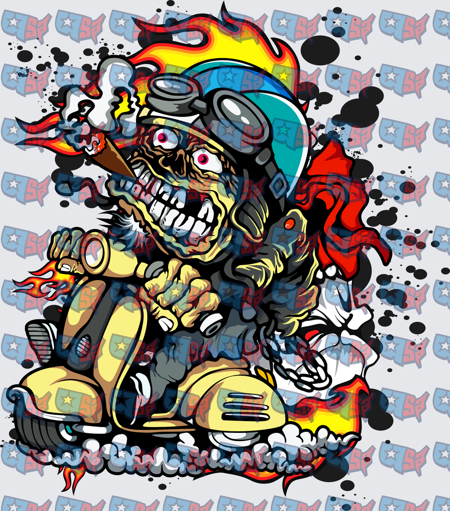 Skull Rider Smoking Blunt On Flaming Scooter (DTF)