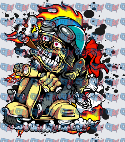 Skull Rider Smoking Blunt On Flaming Scooter (DTF)