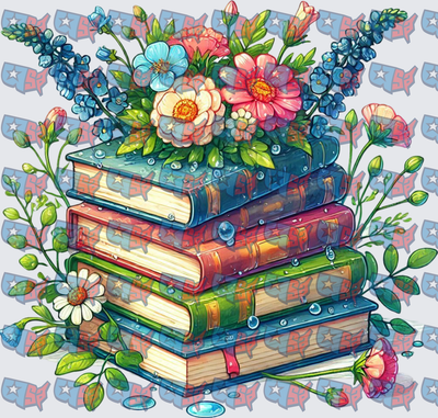 Stacked Books With Colorful Floral Bouquet And Water Drops (DTF)