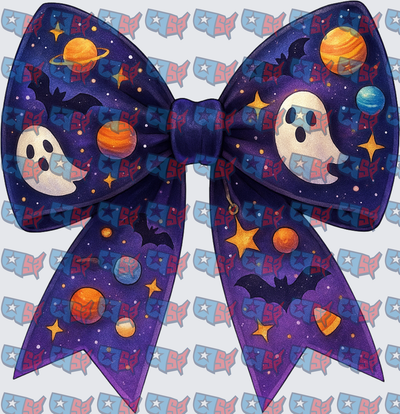 Halloween Galaxy Bow With Ghosts Bats Planets (DTF)
