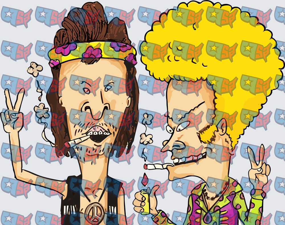 Hippie Cartoon Duo Peace Signs Smoking (DTF)