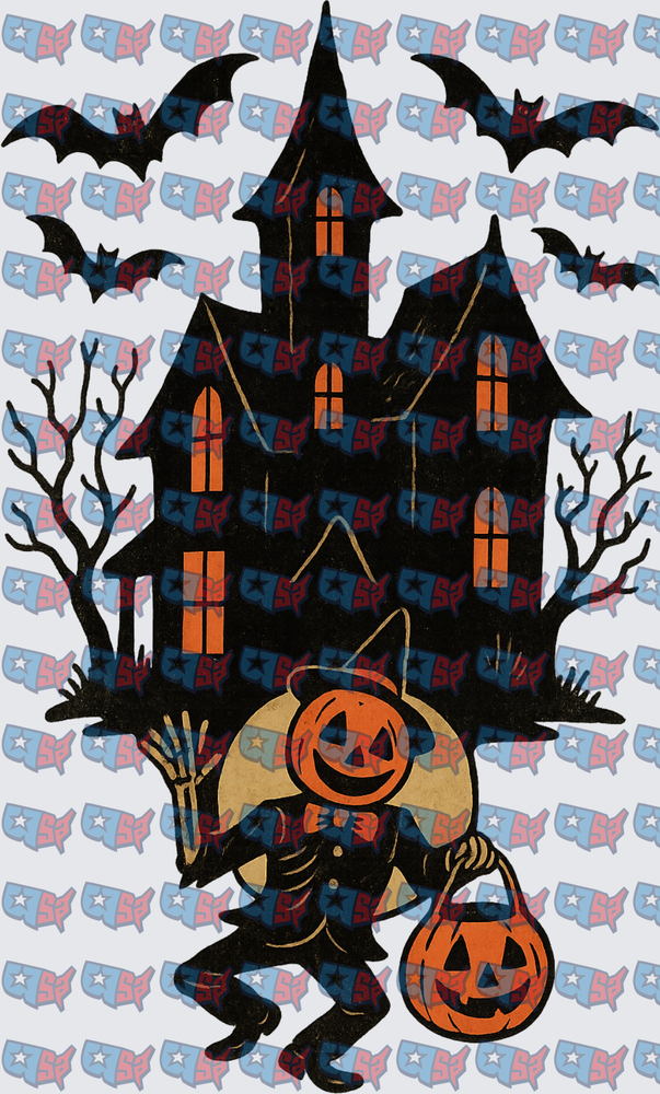 Retro Halloween Pumpkin Head Haunted House Bats (DTF)