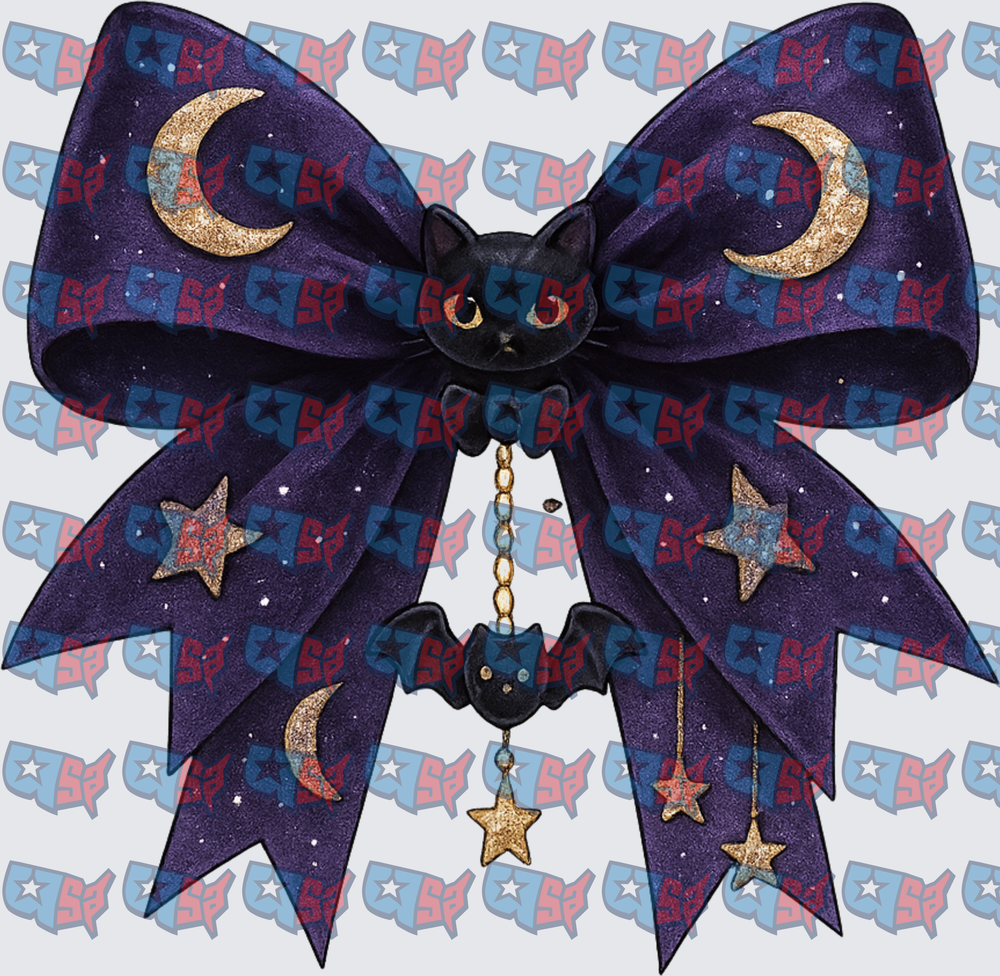 Mystical Black Cat Bow With Crescent Moons And Stars (DTF)