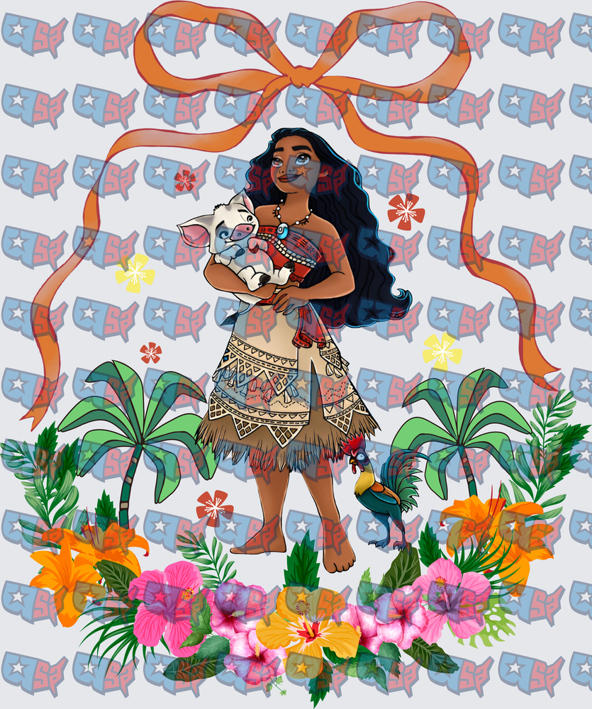 Polynesian Princess With Pig Rooster Tropical Floral Bow (DTF)