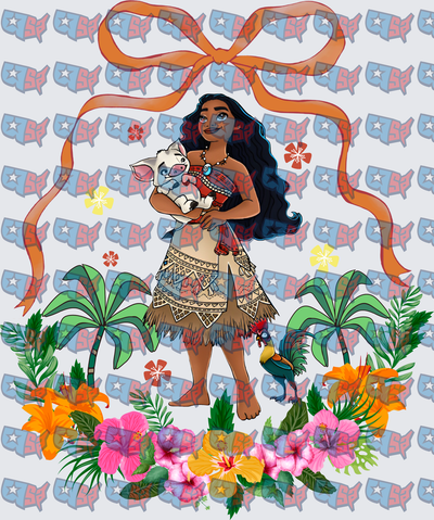 Polynesian Princess With Pig Rooster Tropical Floral Bow (DTF)