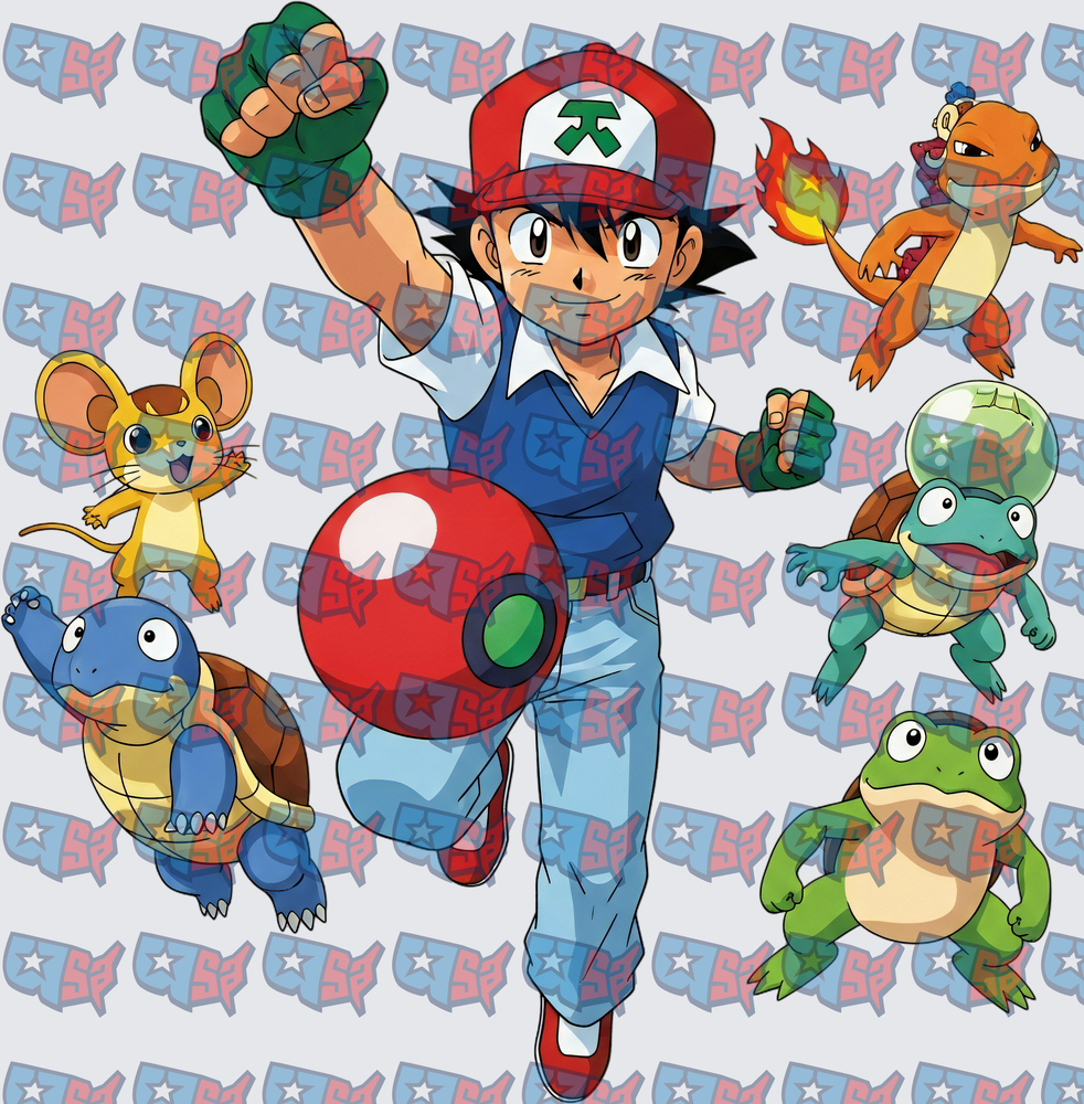 Ash Ketchum with Charmander Squirtle Totodile Treecko Marill (DTF)