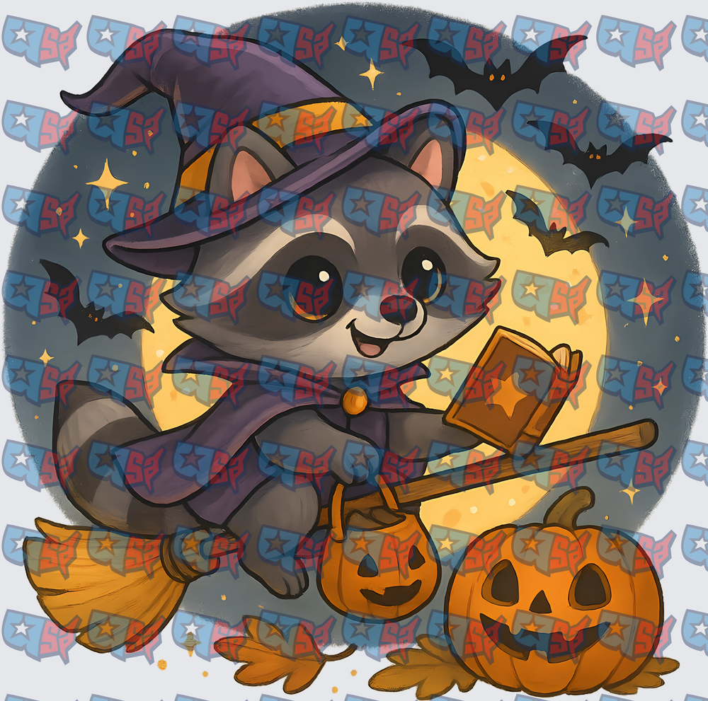 Cute Raccoon Witch Flying Broomstick Halloween Moon (DTF)