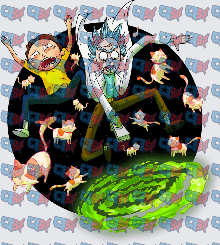 Mad Scientist and Boy Falling Through Space Portal With Cats (DTF)