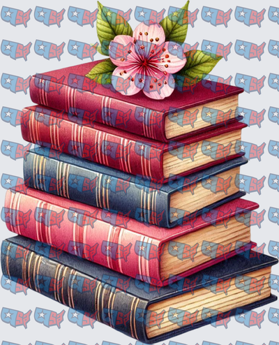 Stacked Books With Pink Cherry Blossom Flower (DTF)