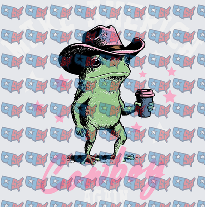 Cowboy Frog Holding Coffee Cup Pink Stars (DTF)