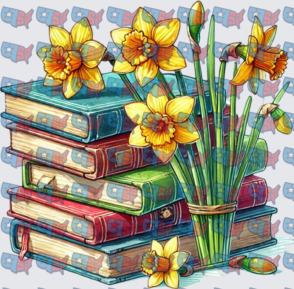 Stacked Books With Yellow Daffodil Bouquet (DTF)