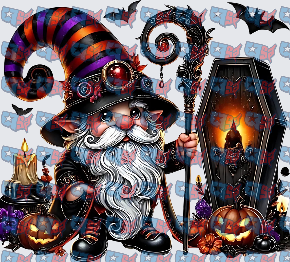 Halloween Wizard Gnome With Coffin Lantern And Pumpkins (DTF)