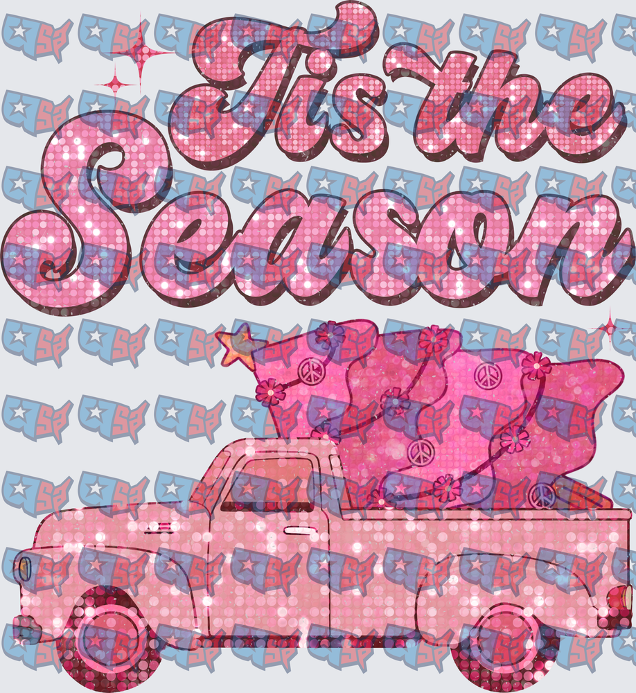 Tis The Season Pink Glitter Truck Christmas Tree (DTF)
