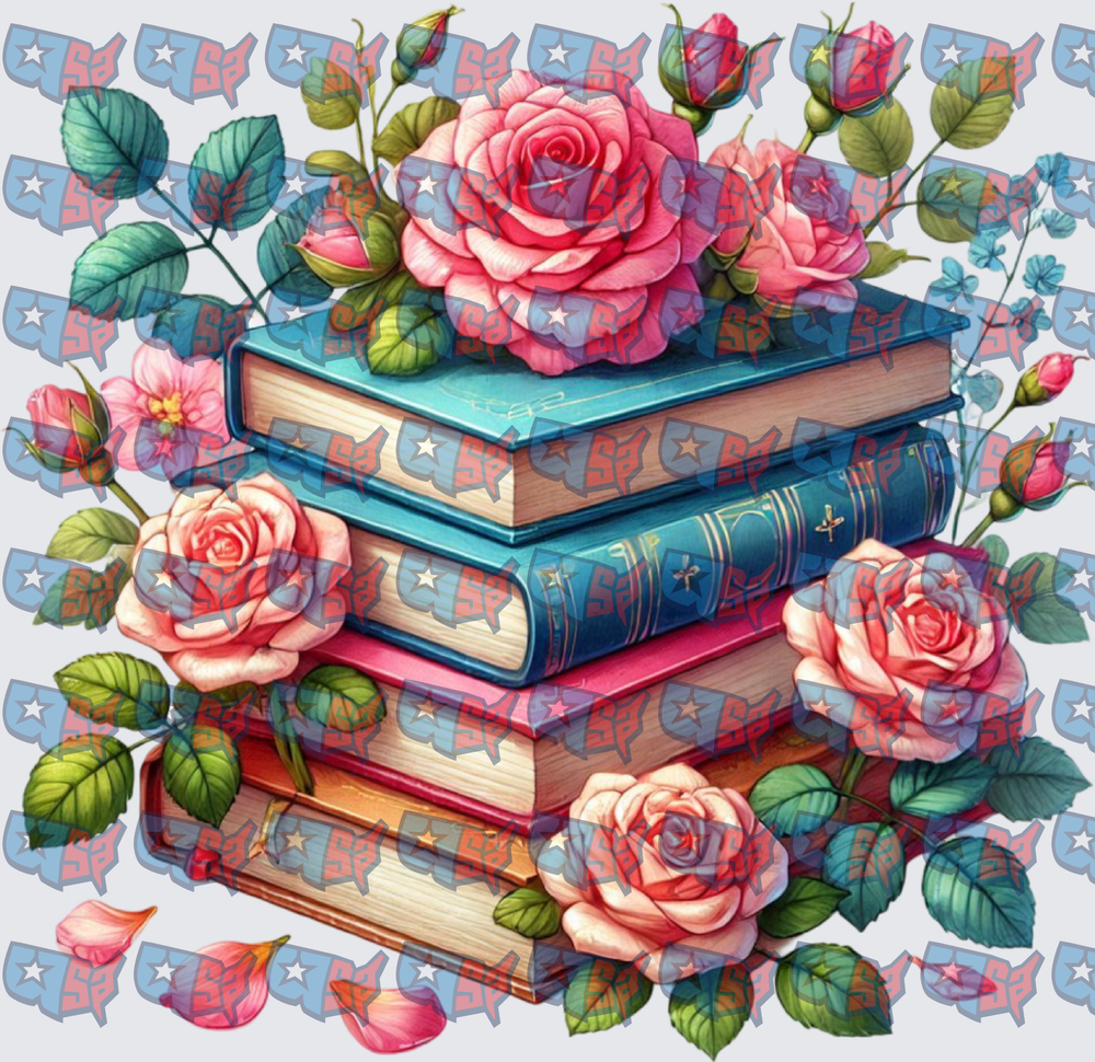 Stacked Books With Pink Roses Floral (DTF)