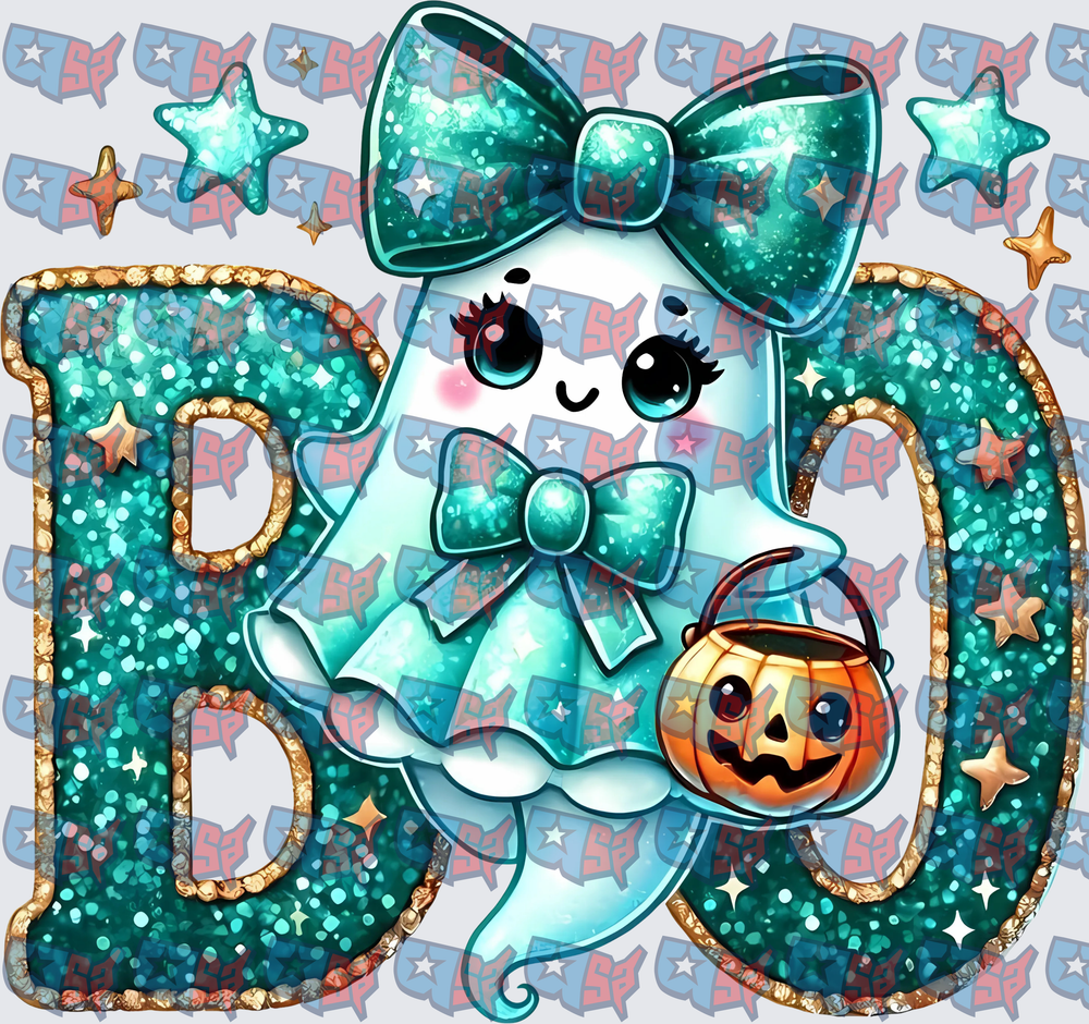 Teal Glitter BOO Cute Ghost with Pumpkin Basket (DTF)