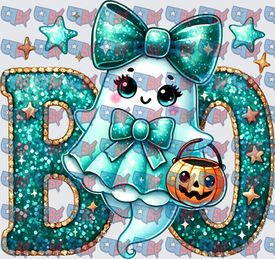 Teal Glitter BOO Cute Ghost with Pumpkin Basket (DTF)
