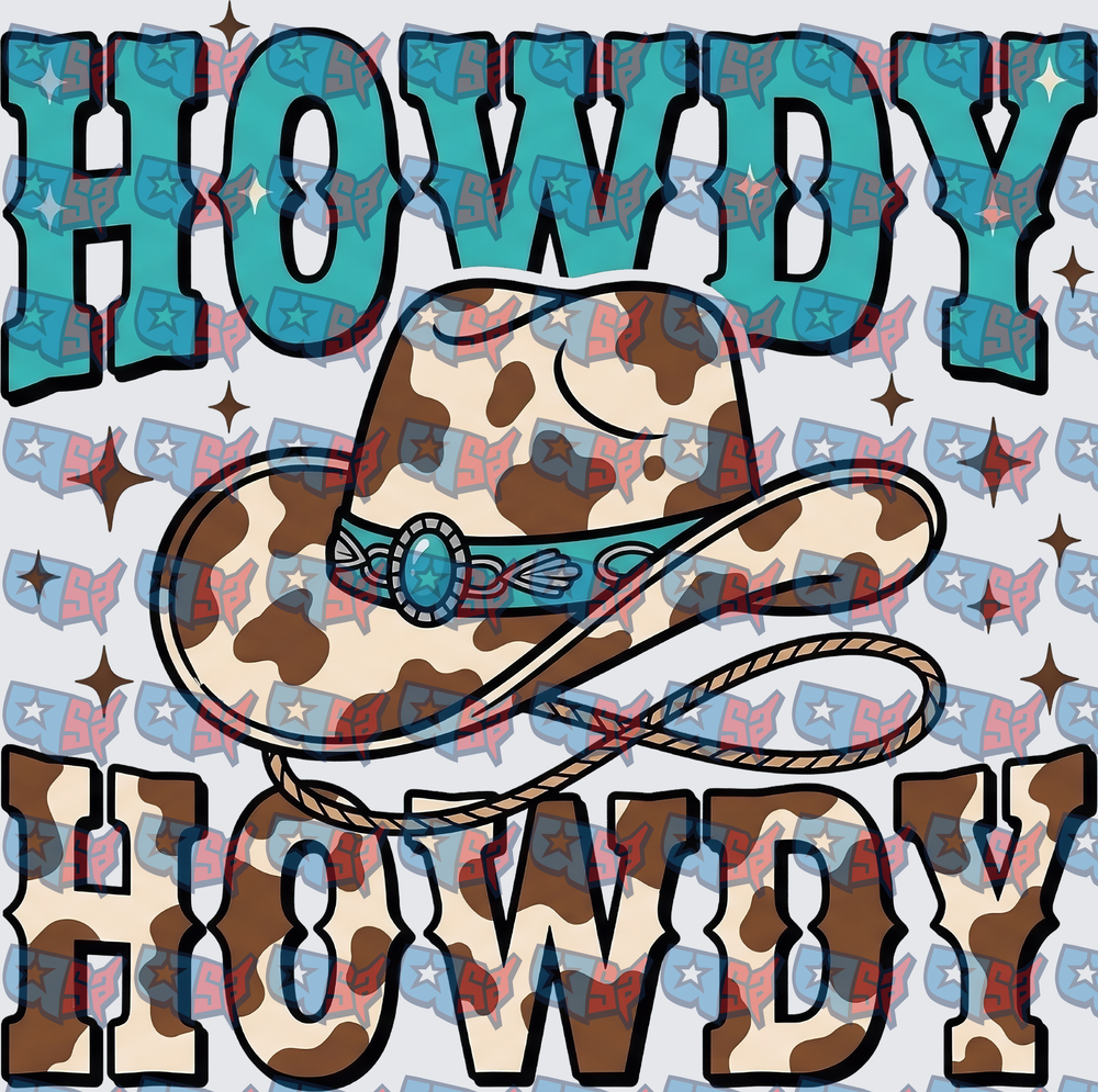 Howdy Cowboy Hat Cow Print Western Design (DTF)