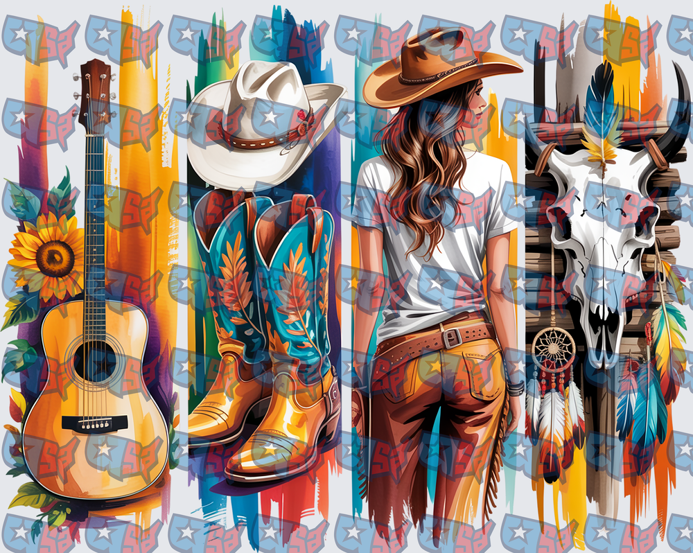 Boho Cowgirl Western Collage With Guitar And Skull (DTF)