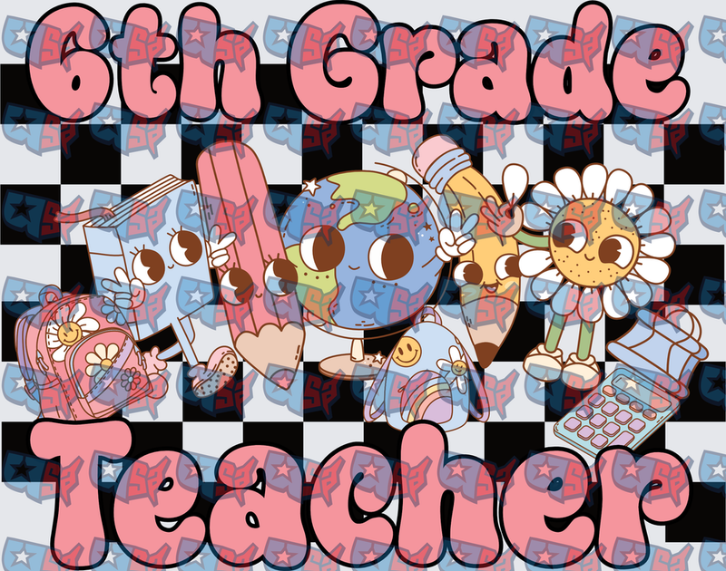 6th Grade Teacher Retro Checkered Cartoon School Characters (DTF)