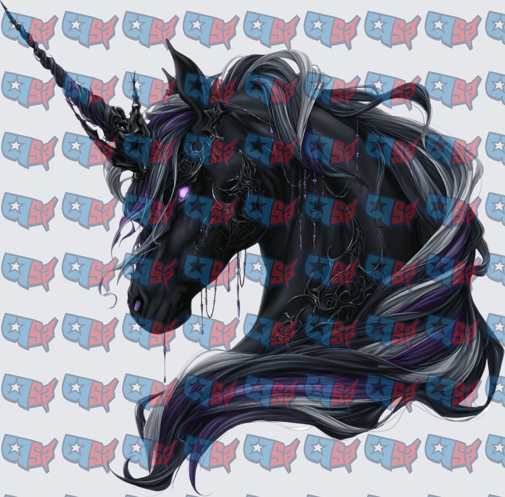 Dark Gothic Black Unicorn With Glowing Purple Eyes (DTF)