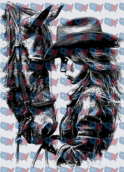 Cowgirl With Horse Sketch Illustration (DTF)