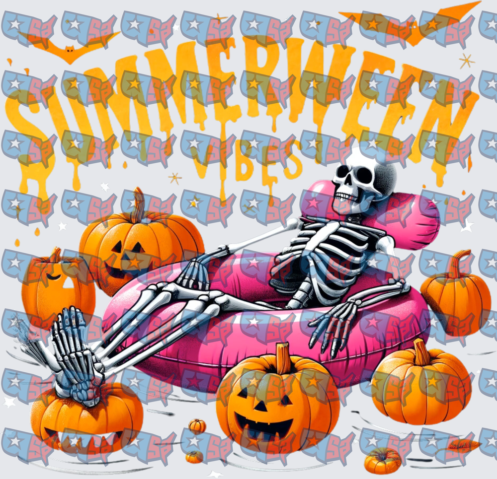 Summerween Vibes Skeleton Relaxing On Pink Pool Float With Pumpkins (DTF)